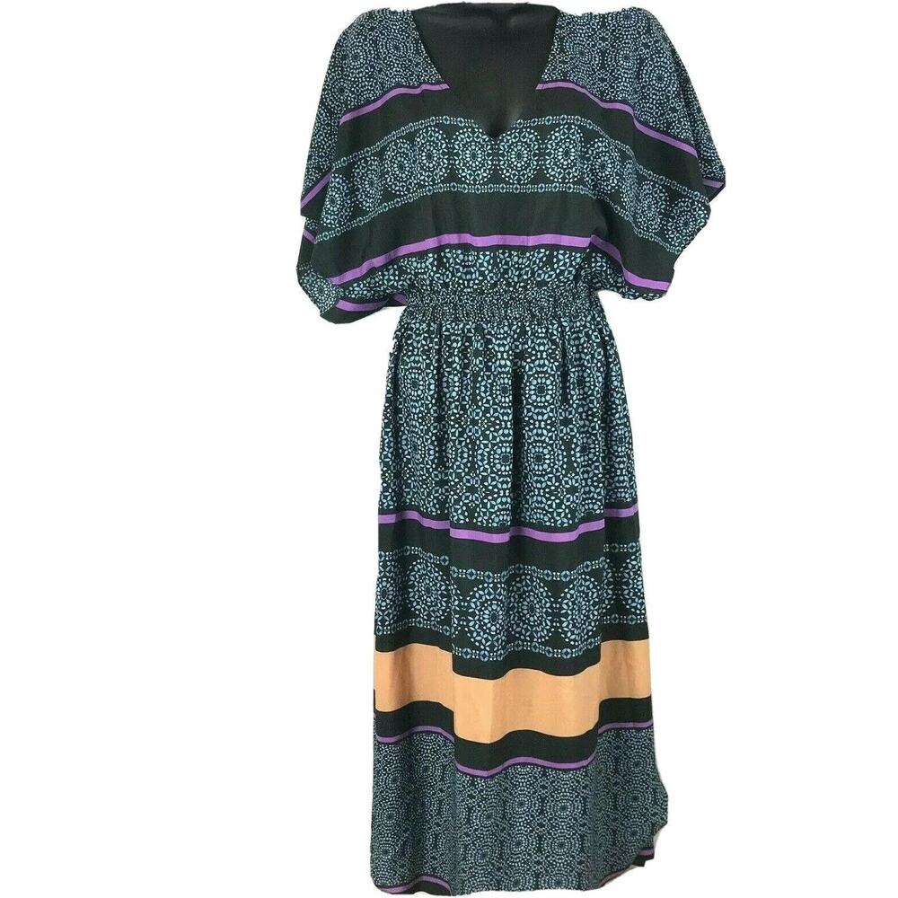 Like Mynded V-NECK Dolman Sleeve Maxi Dress Black Blue Geometric Summer Small